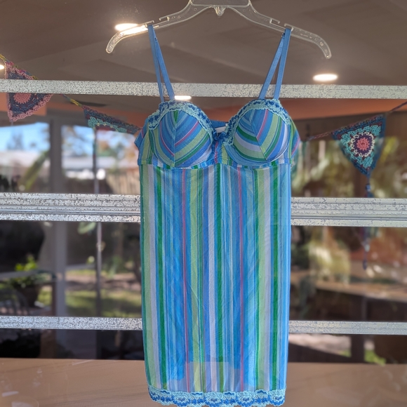 Vintage Y2k Fairy Rampage Medium Slip Striped Bustier Blue Green Chemise - Picture 11 of 13